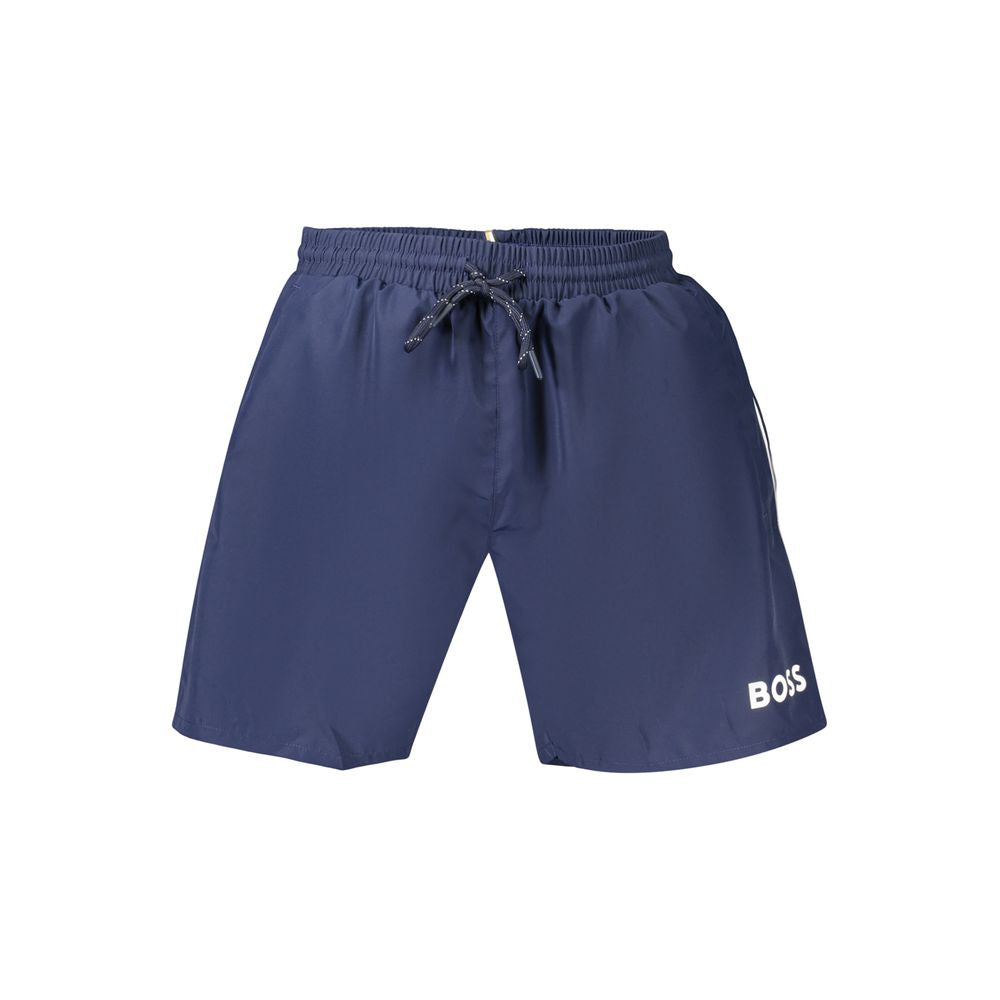 Blue Polyester Swim Boxer Shorts