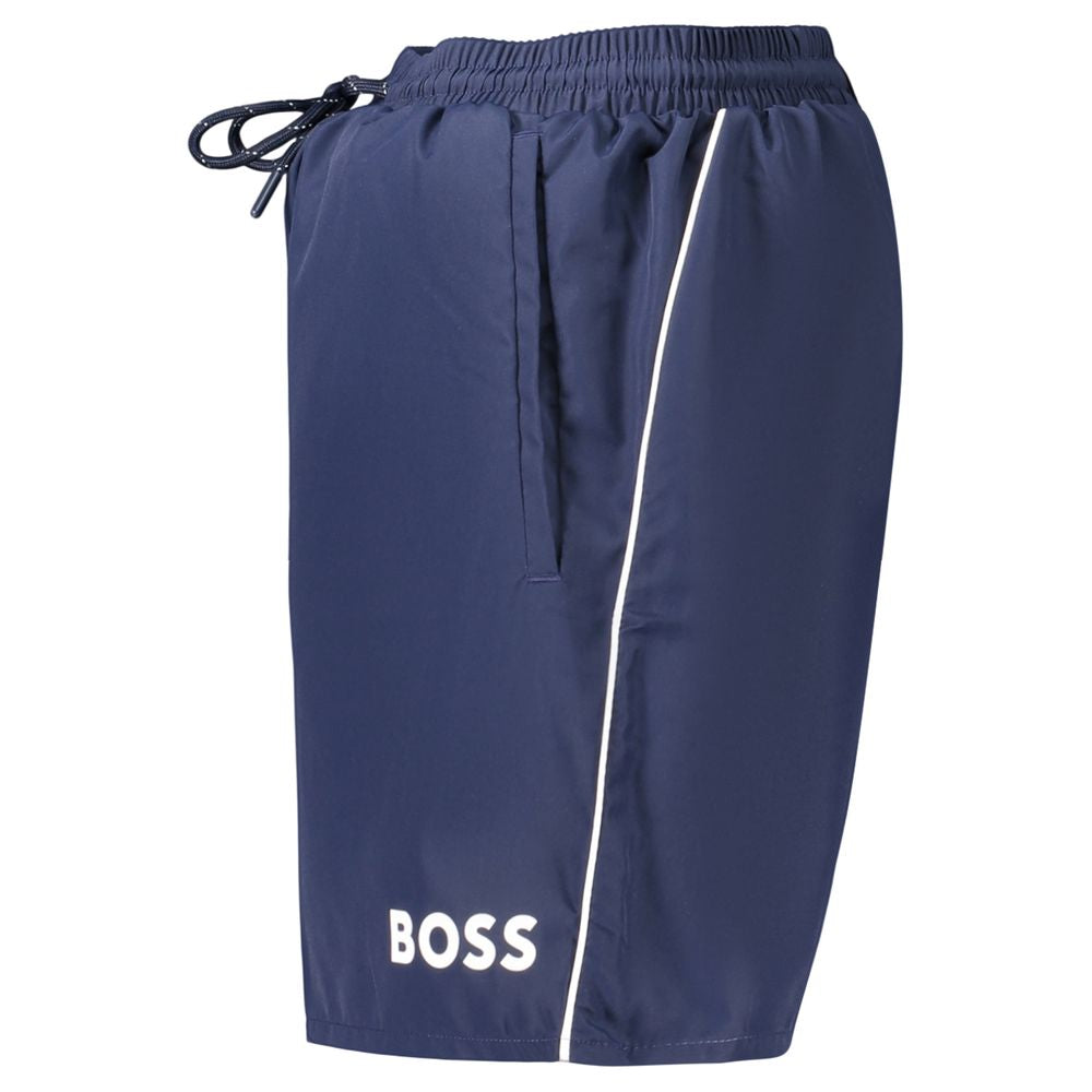Blue Polyester Swim Boxer Shorts