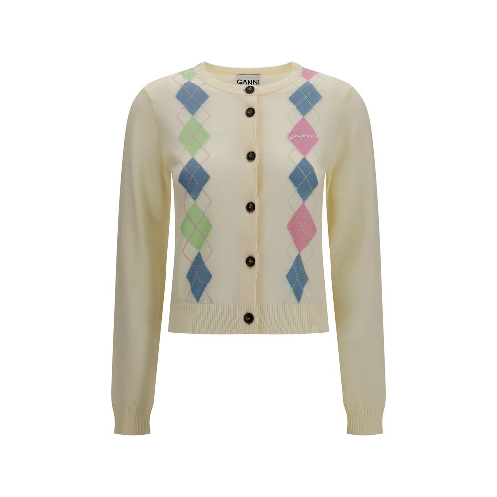 Beige Diamond-Pattern Cotton Cardigan