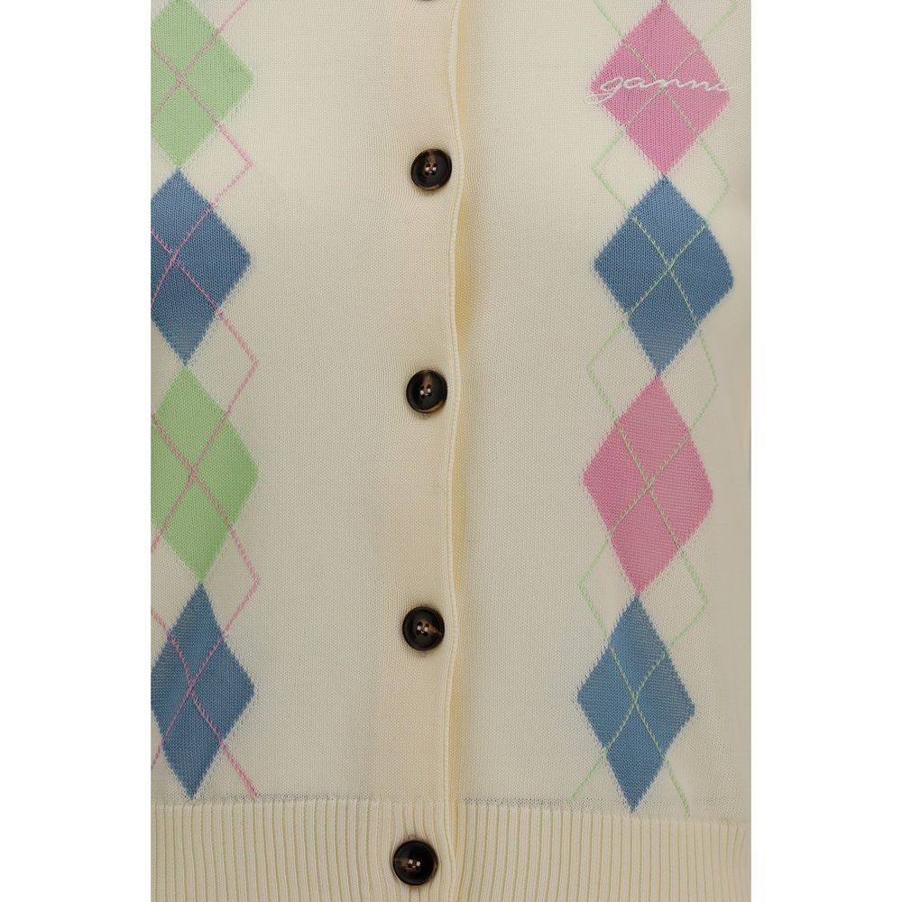 Beige Diamond-Pattern Cotton Cardigan