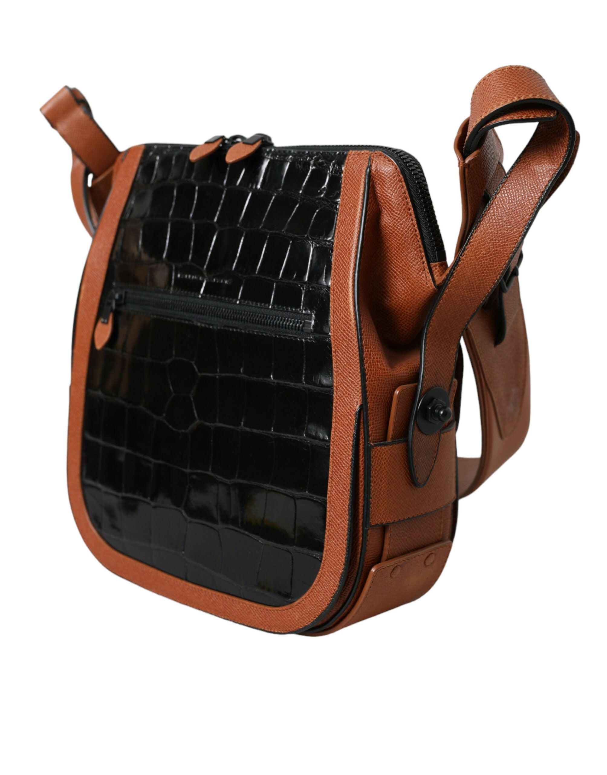 Black Brown Exotic Skin Leather Vertical Crossbody Bag