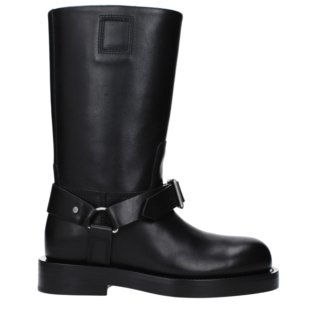 Black Grained Leather Buckle Boots