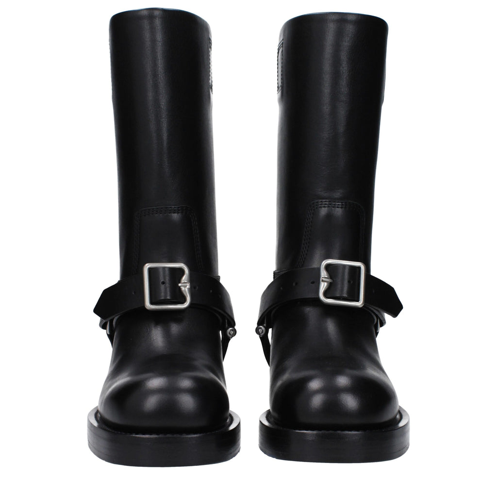 Black Grained Leather Buckle Boots