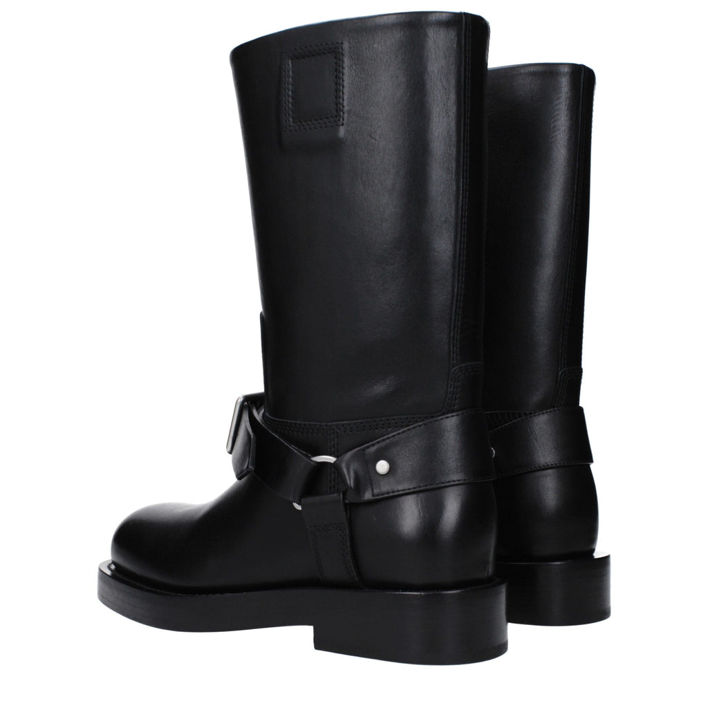 Black Grained Leather Buckle Boots
