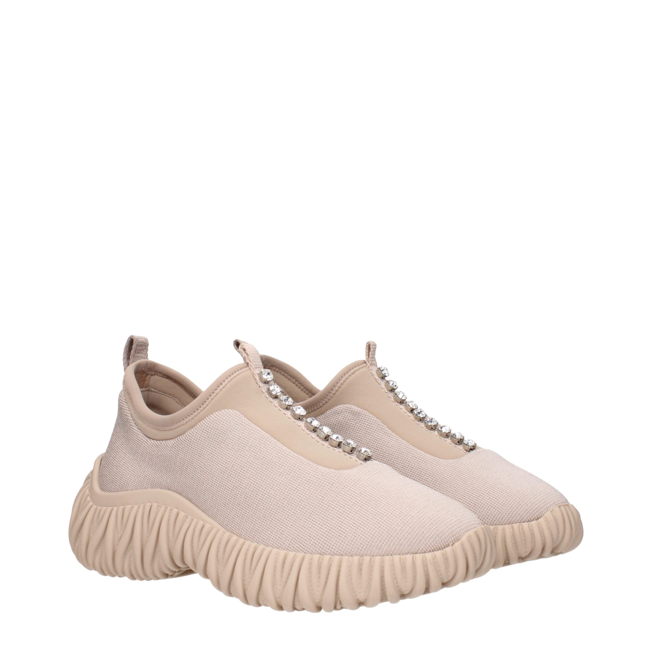 Beige Fabric Rhinestone Embellished Sneakers