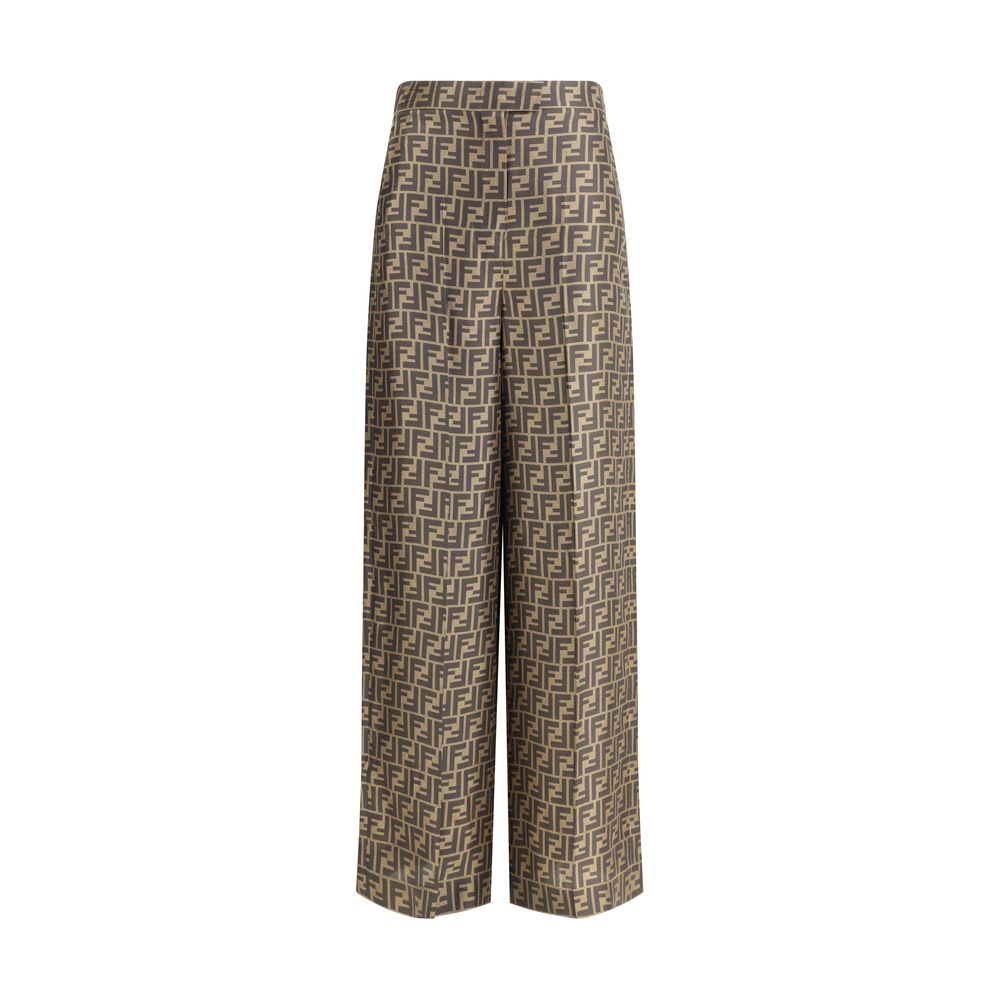 Brown Silk Monogram Palazzo Pants