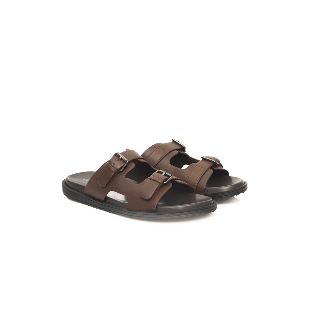 Brown Cowhide Buckle Accent Leather Sandals