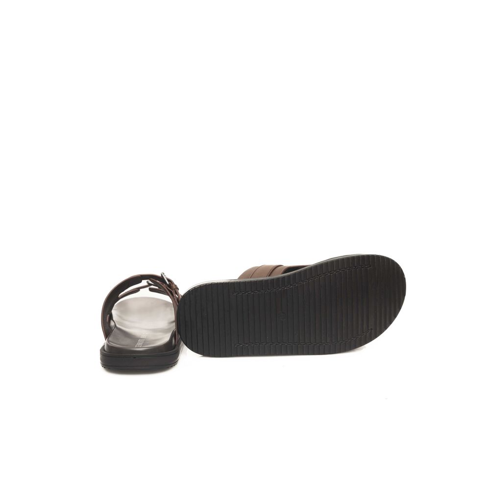 Brown Cowhide Buckle Accent Leather Sandals