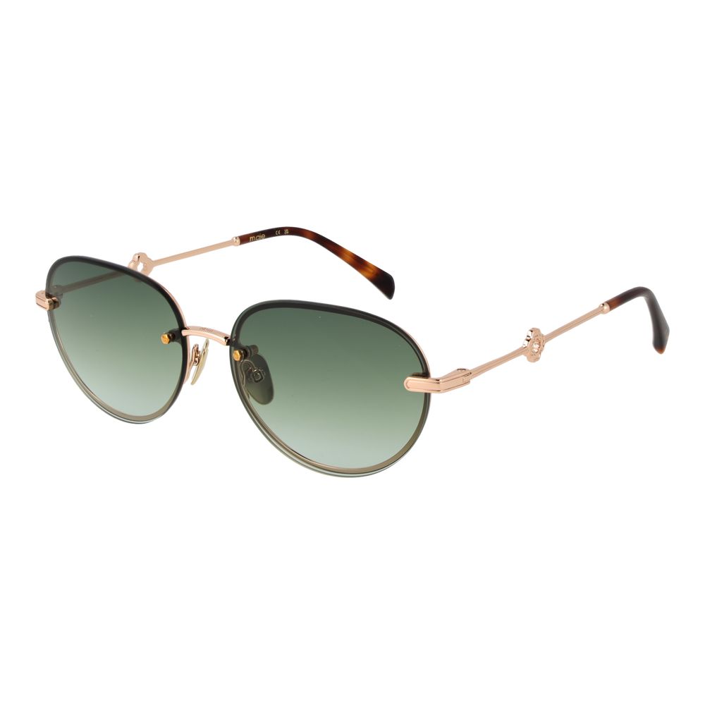 Gold Metal Rimless Oval Sunglasses With Green Gradient Lenses